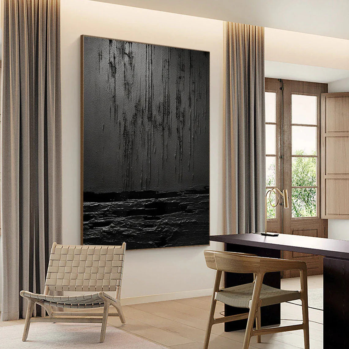 Midnight Echoes-Hand Drawn Pure Black Drip Texture Wall Art - artextured