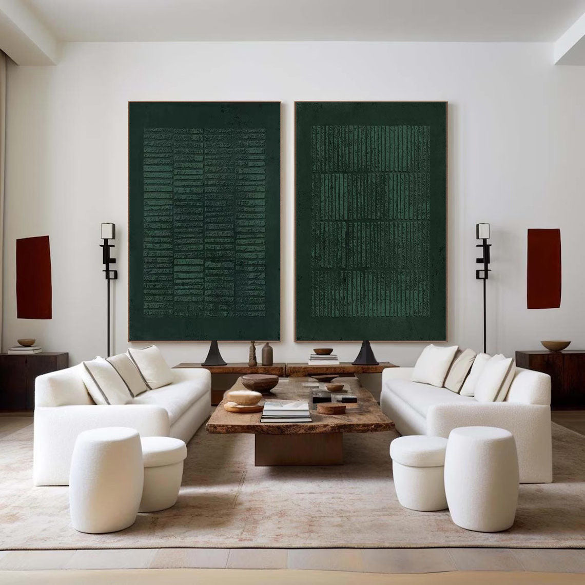 Set of Two Green Textured Canvas Artworks - Modern Minimalist