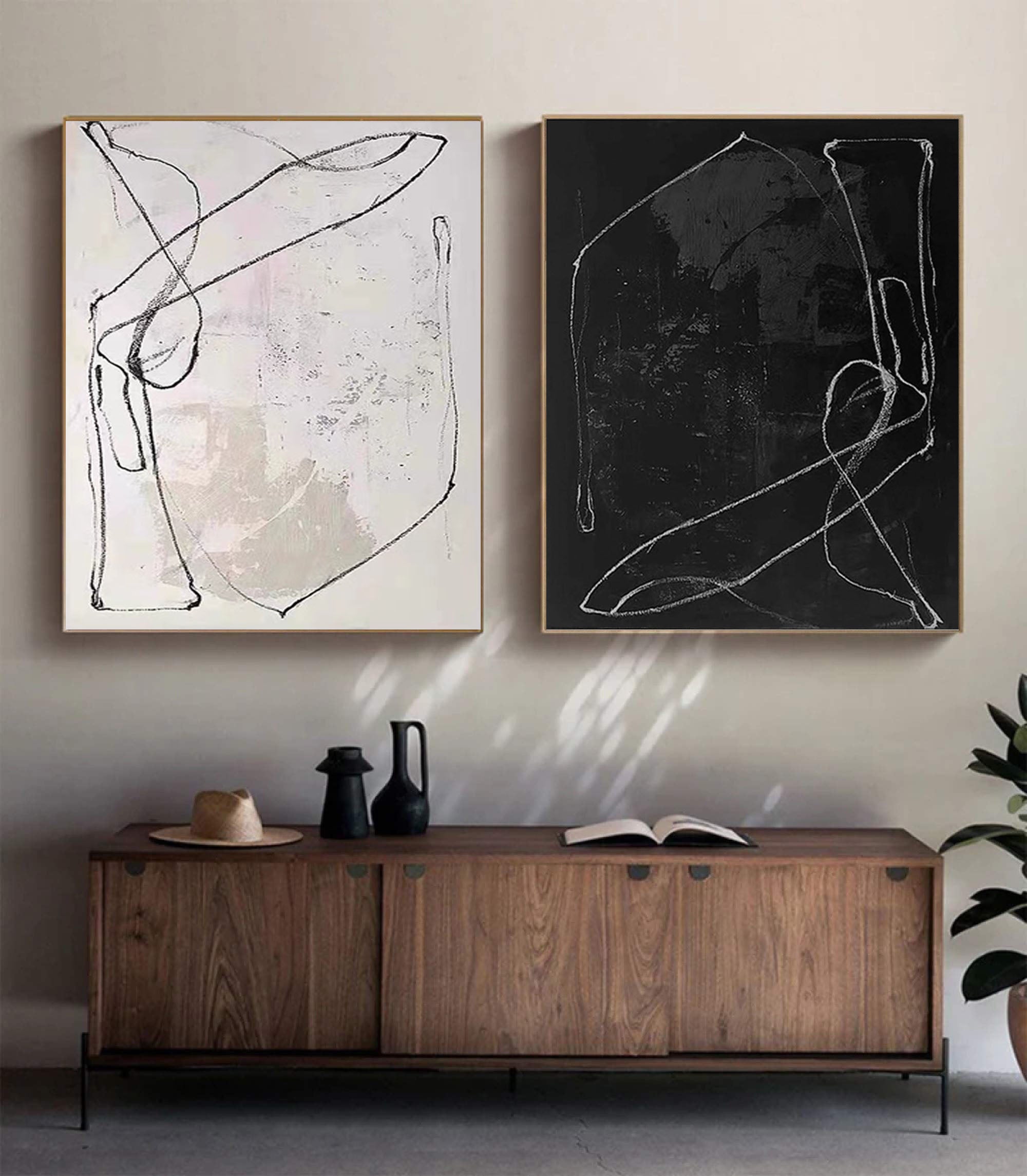 Monochrome Rhythm: Abstract Line Canvas Duo SET OF 2
