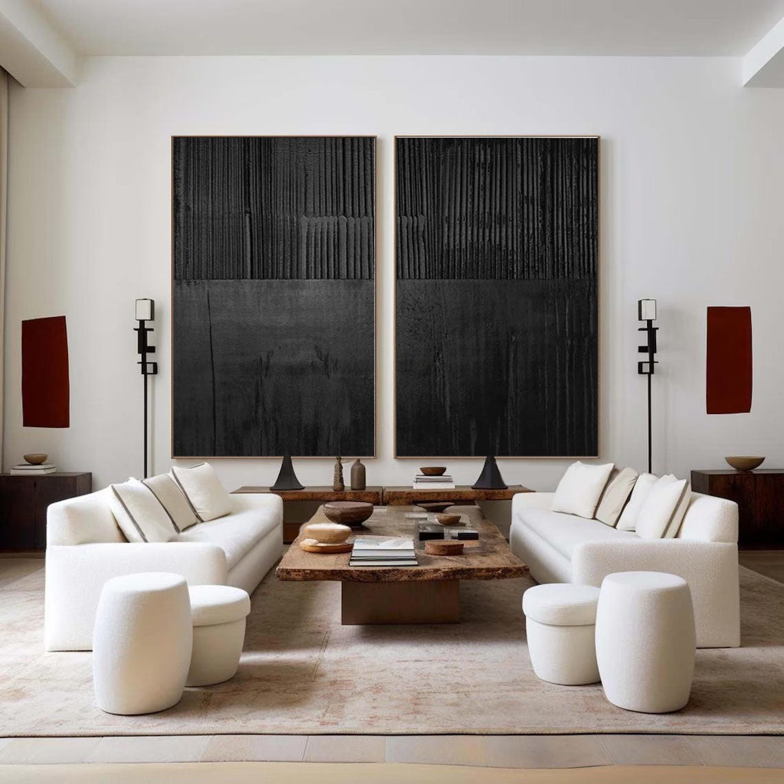 Set of Two Black Textured Abstract Wall Art - Minimalist Design
