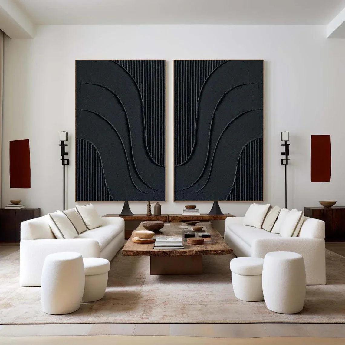 Midnight Flow- Abstract Black Textured Canvas Duo Set of 2 - artextured
