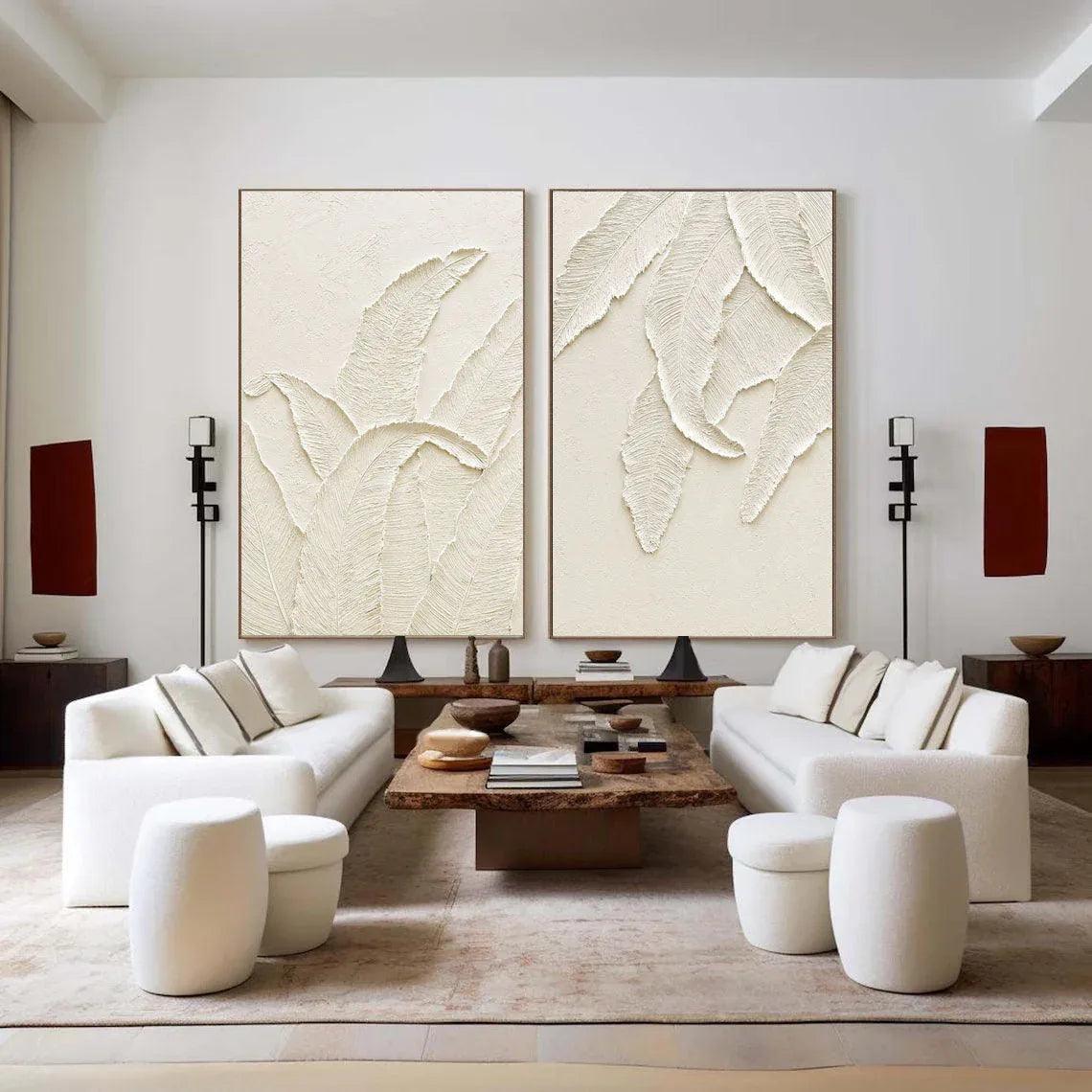 Textured Leaves SET OF 2-Minimalist Handmade Off-White Leaf Texture 3D Wall Art - artextured