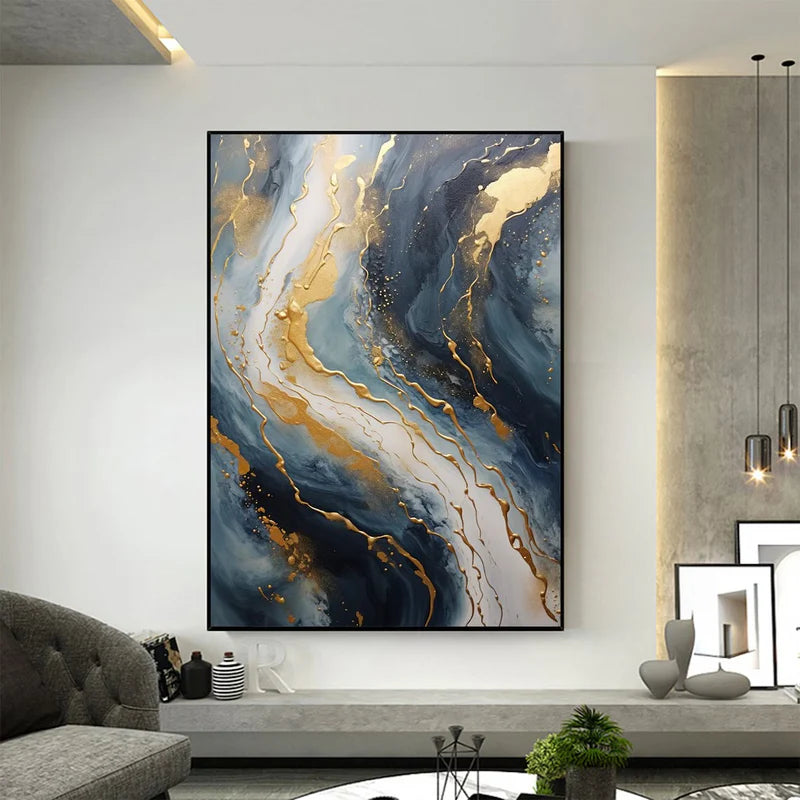 Abstract Blue & Gold Wall Art – Modern Textured Canvas Painting#AB0519056