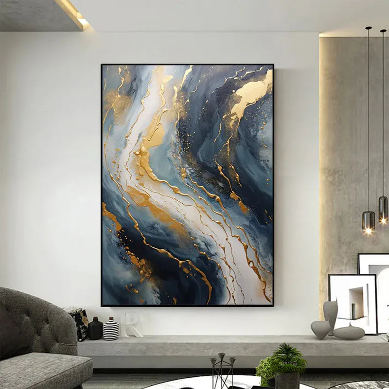 Abstract Blue & Gold Wall Art – Modern Textured Canvas Painting#AB0519056