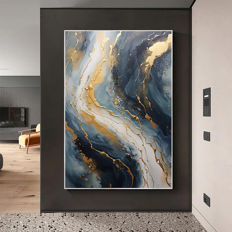 Abstract Blue & Gold Wall Art – Modern Textured Canvas Painting#AB0519056
