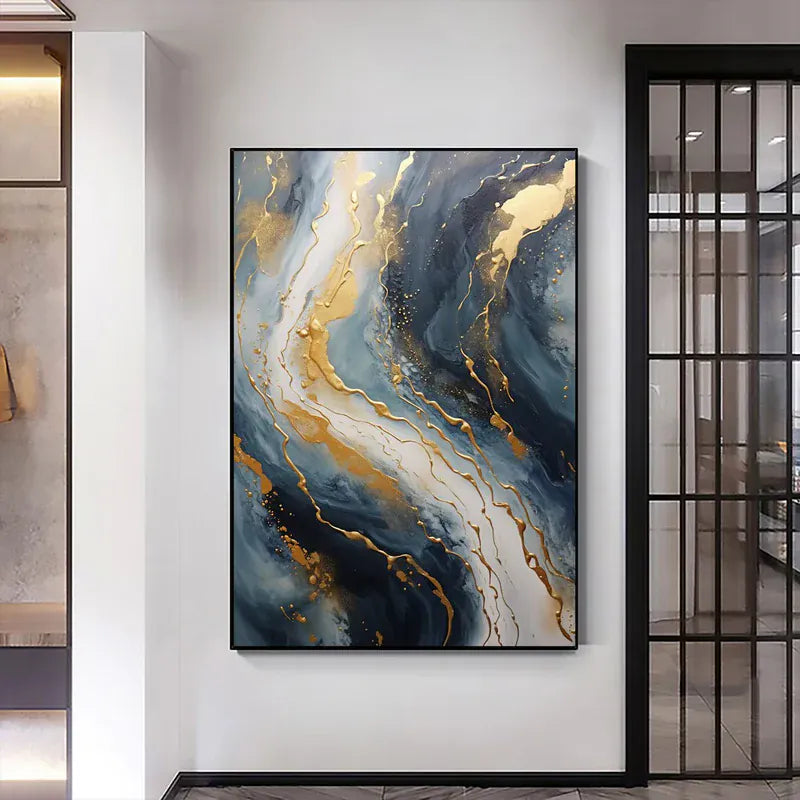 Abstract Blue & Gold Wall Art – Modern Textured Canvas Painting#AB0519056
