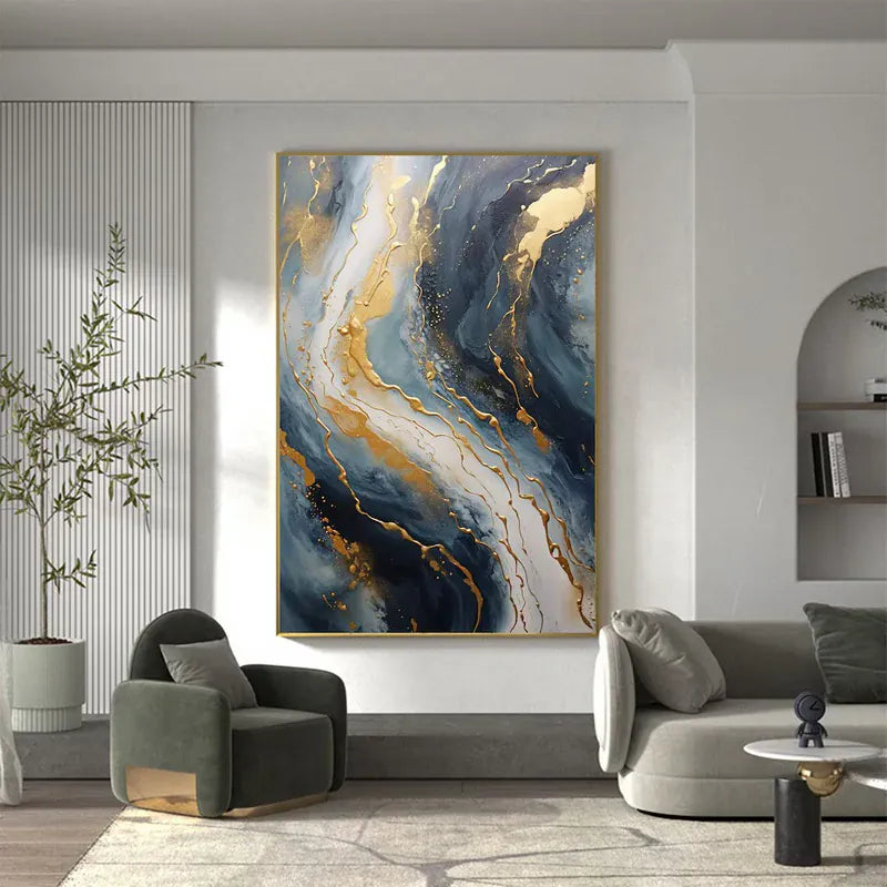 Abstract Blue & Gold Wall Art – Modern Textured Canvas Painting#AB0519056