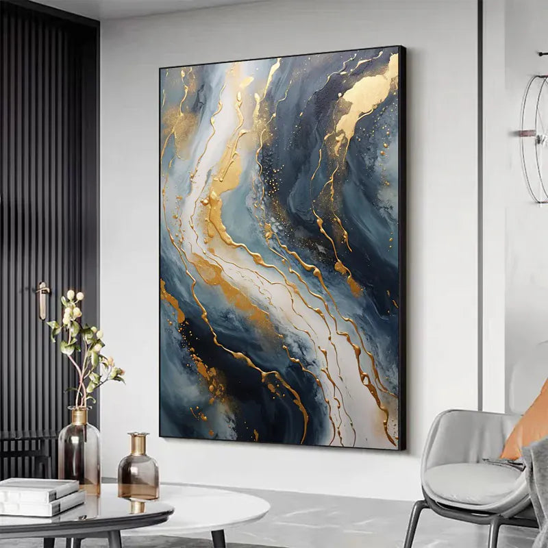 Abstract Blue & Gold Wall Art – Modern Textured Canvas Painting#AB0519056