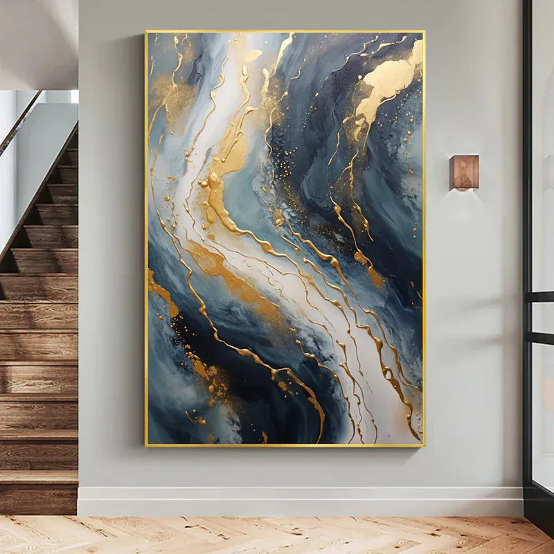 Abstract Blue & Gold Wall Art – Modern Textured Canvas Painting#AB0519056