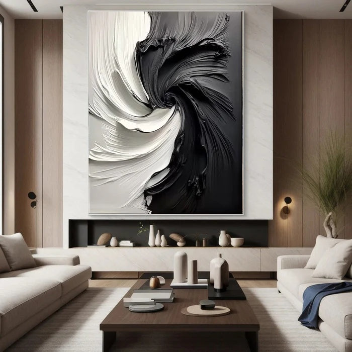Eclipse Flow – Modern Hand-Painted Black and White Swirling Abstract Oil Painting Wall Art