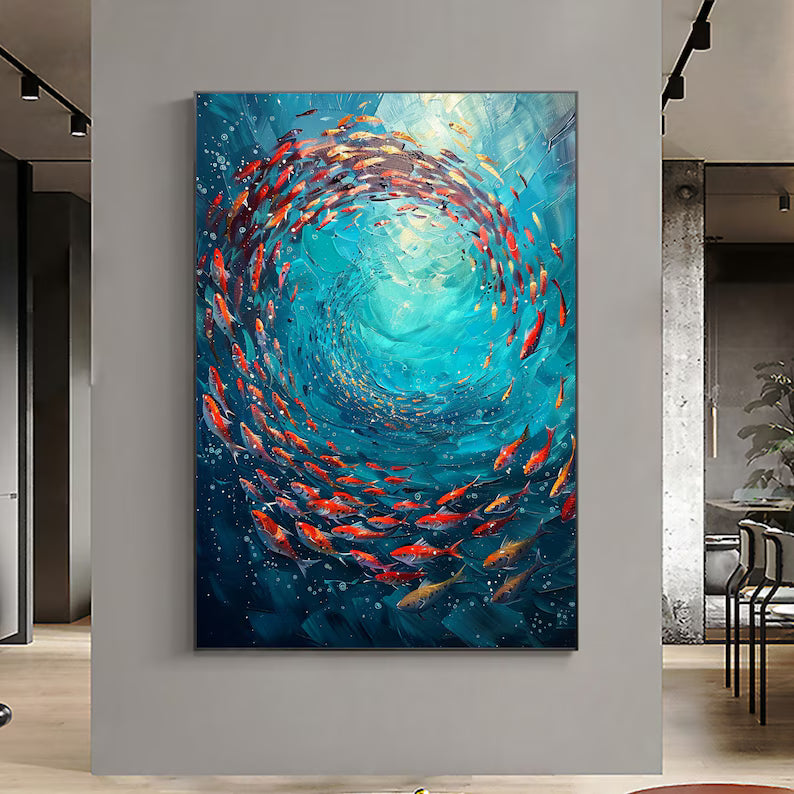 Whirling School – Textured Abstract Ocean Fish Wall Art