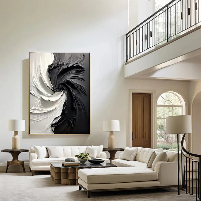 Eclipse Flow – Modern Hand-Painted Black and White Swirling Abstract Oil Painting Wall Art