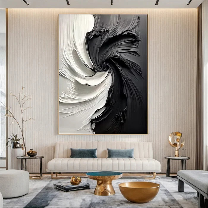 Eclipse Flow – Modern Hand-Painted Black and White Swirling Abstract Oil Painting Wall Art