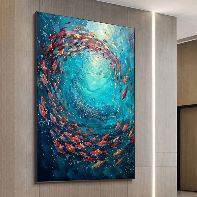 Whirling School – Textured Abstract Ocean Fish Wall Art