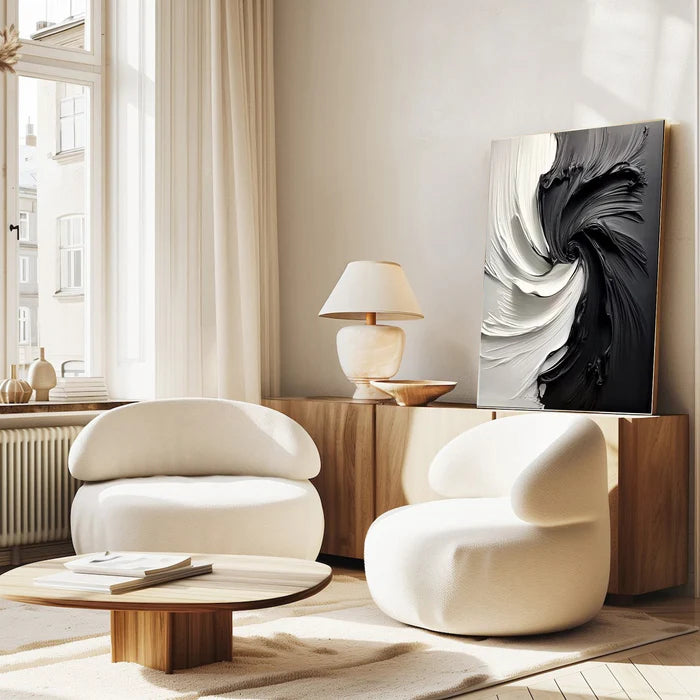 Eclipse Flow – Modern Hand-Painted Black and White Swirling Abstract Oil Painting Wall Art