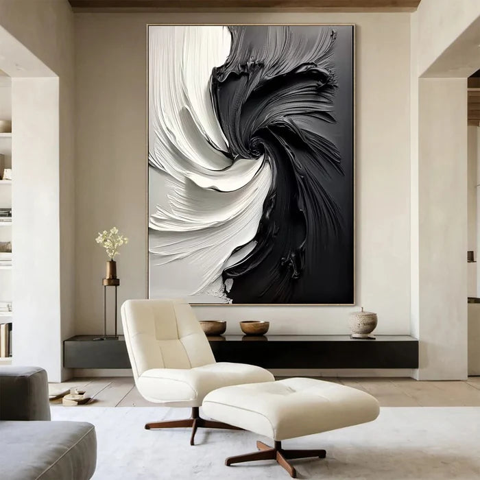 Eclipse Flow – Modern Hand-Painted Black and White Swirling Abstract Oil Painting Wall Art