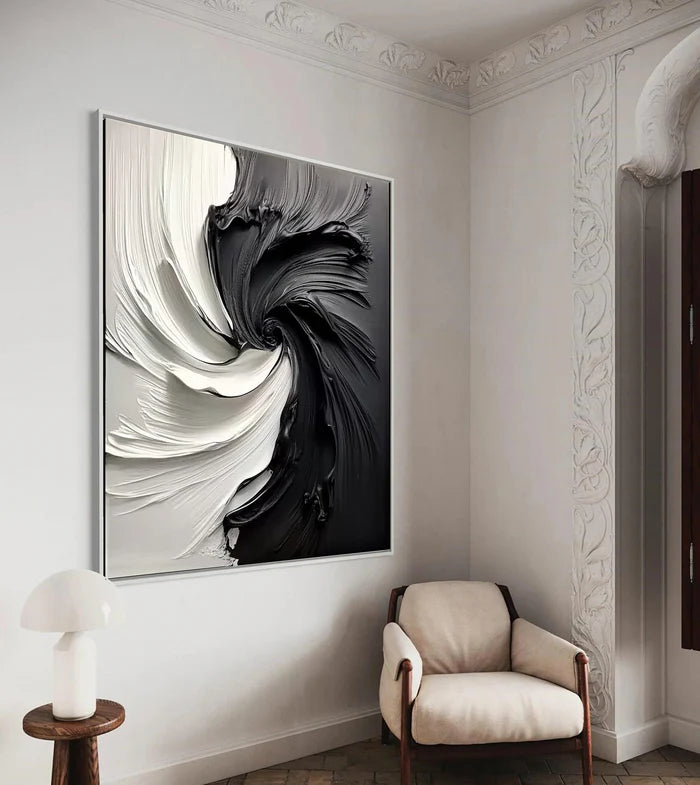 Eclipse Flow – Modern Hand-Painted Black and White Swirling Abstract Oil Painting Wall Art