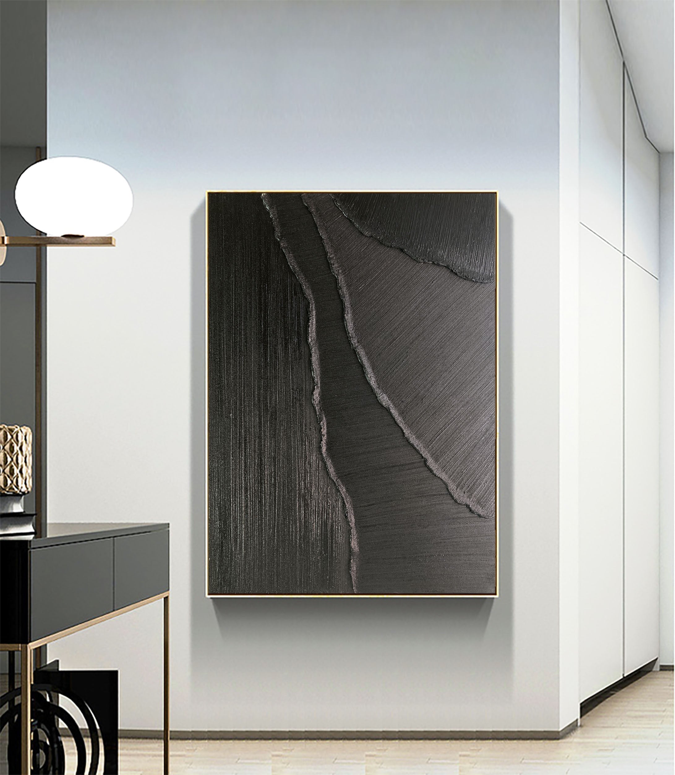 Dark Rift-Minimalist Black and Gray Textured Lines and Abstract Wall Art in Modern Interior Design