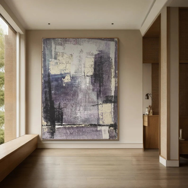 Violet Fragments – Textured Abstract Wall Art in Purple, Grey and Cream#AB14035