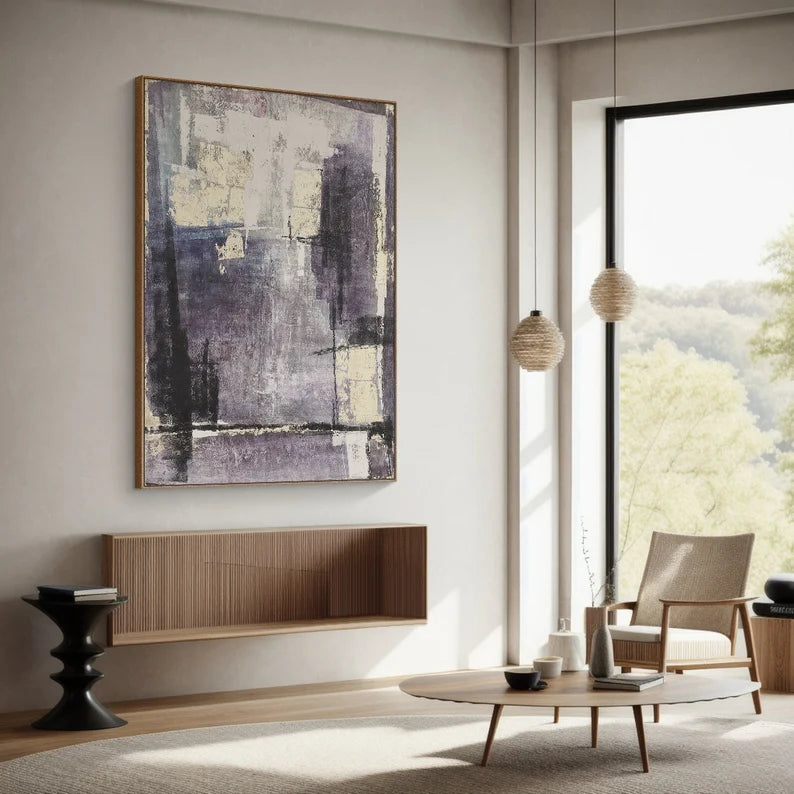 Violet Fragments – Textured Abstract Wall Art in Purple, Grey and Cream#AB14035