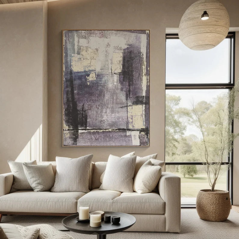 Violet Fragments – Textured Abstract Wall Art in Purple, Grey and Cream#AB14035