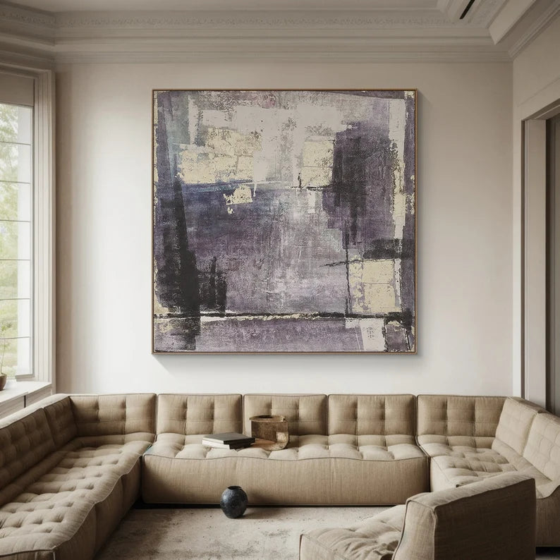 Violet Fragments – Textured Abstract Wall Art in Purple, Grey and Cream#AB14035