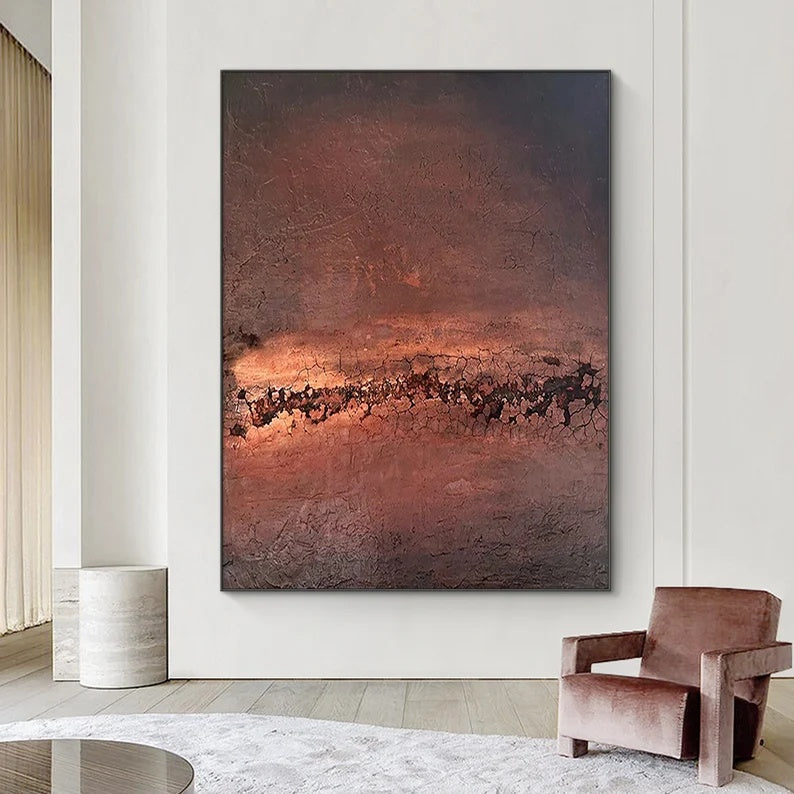 Ember Horizon – Textured Abstract Wall Art in Rust Red and Dark Earth Tones#AB14036