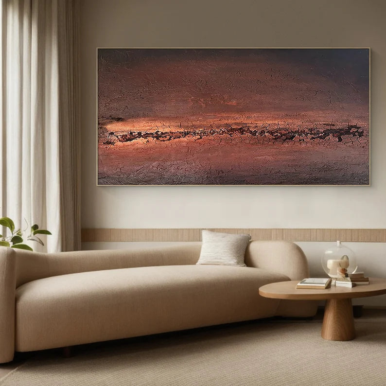 Ember Horizon – Textured Abstract Wall Art in Rust Red and Dark Earth Tones#AB14036