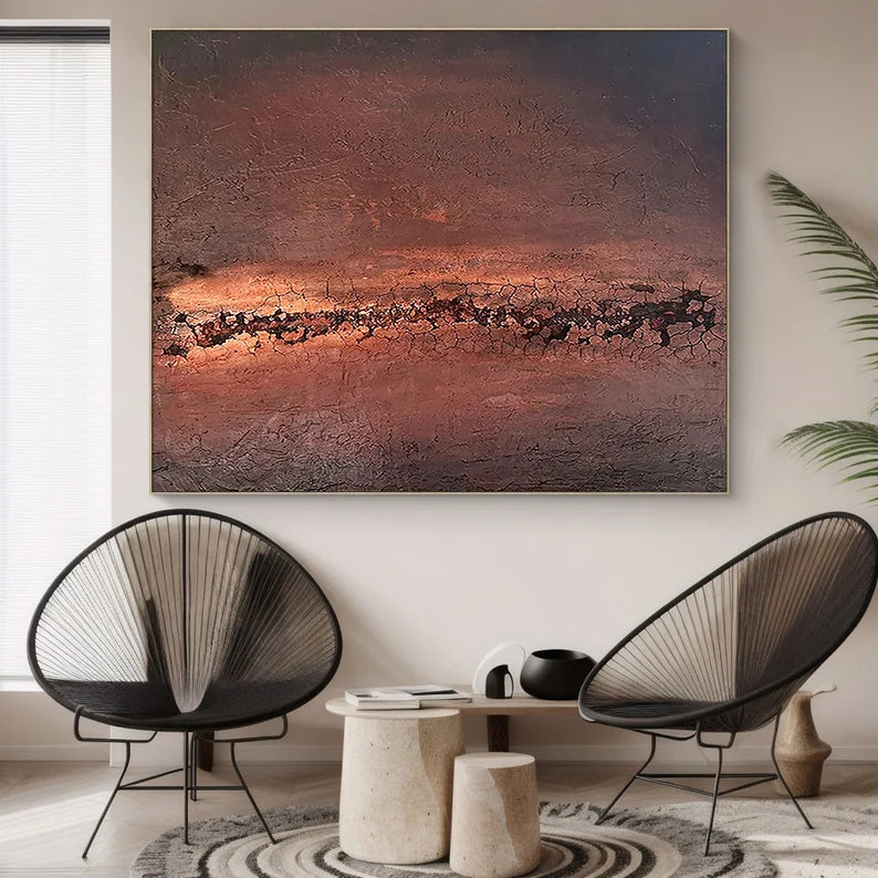 Ember Horizon – Textured Abstract Wall Art in Rust Red and Dark Earth Tones#AB14036