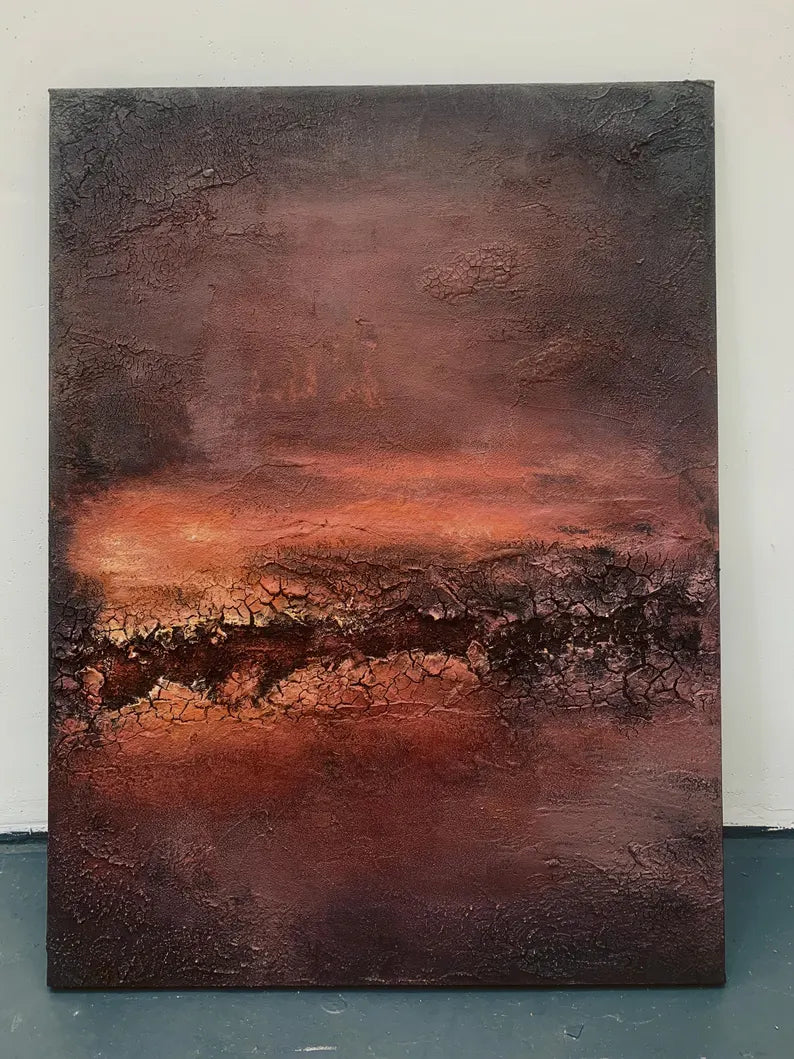 Ember Horizon – Textured Abstract Wall Art in Rust Red and Dark Earth Tones#AB14036