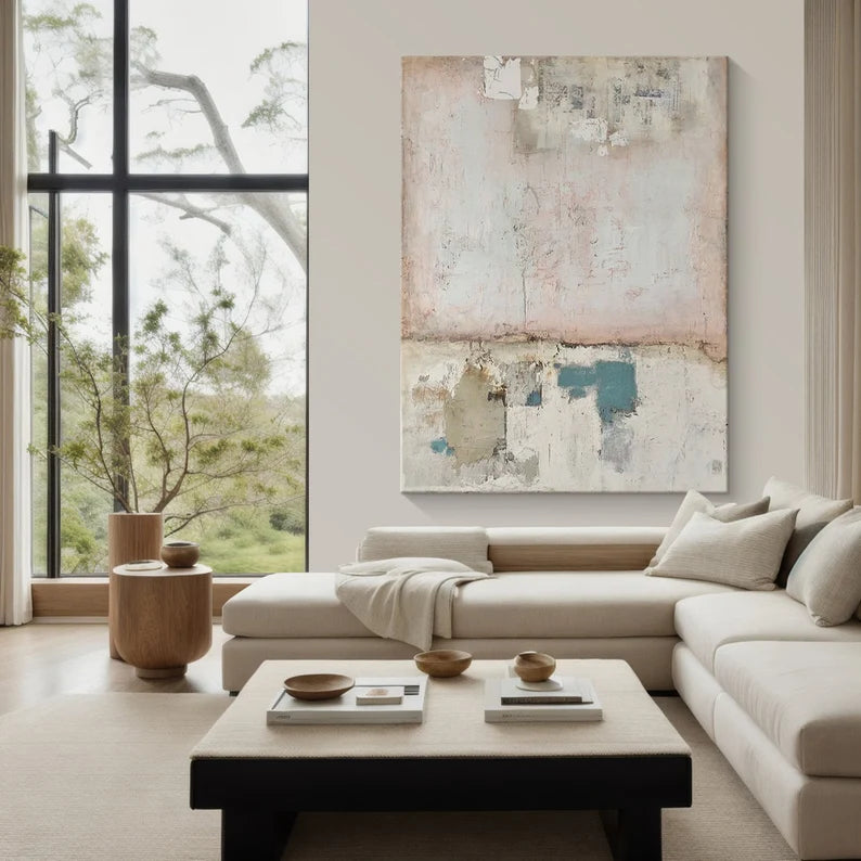 Faded Memory – Textured Abstract Wall Art in Blush Pink, Beige and Teal#AB14037