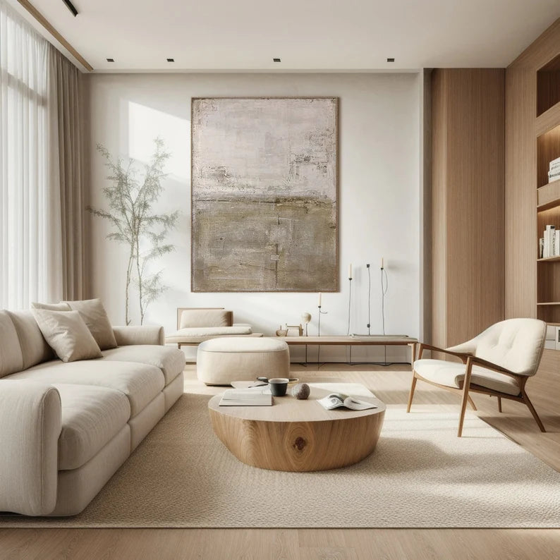 Quiet Meadow – Neutral Textured Abstract Wall Art in Earth Green and Beige#AB14038