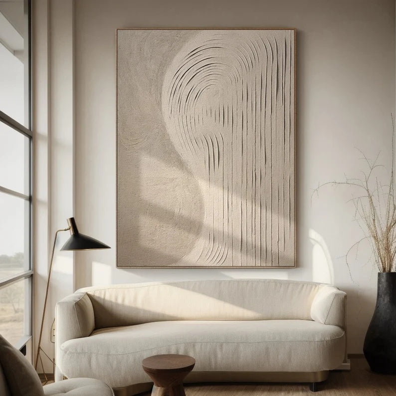 Echoes of Sand – 3D Textured Neutral Wall Art with Curved Carved Lines#AB14039