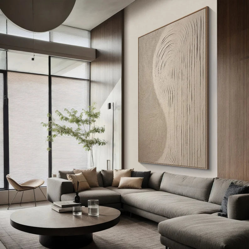 Echoes of Sand – 3D Textured Neutral Wall Art with Curved Carved Lines#AB14039