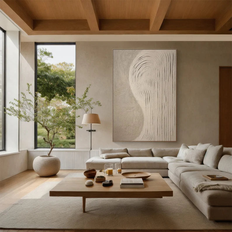 Echoes of Sand – 3D Textured Neutral Wall Art with Curved Carved Lines#AB14039