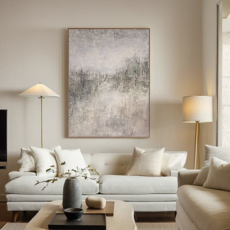 Mist of Morning – Neutral Textured Abstract Wall Art in Soft Beige and Grey Green#AB14040