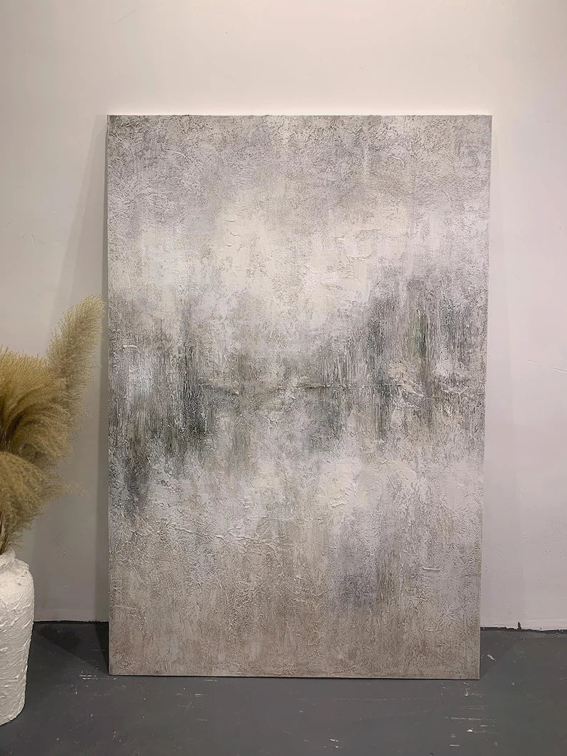 Mist of Morning – Neutral Textured Abstract Wall Art in Soft Beige and Grey Green#AB14040