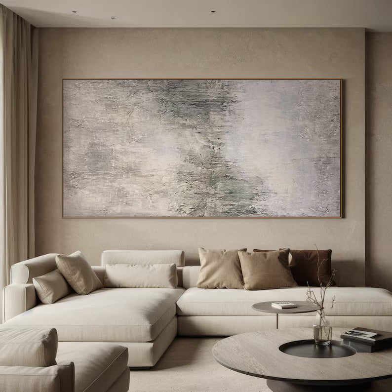 Mist of Morning – Neutral Textured Abstract Wall Art in Soft Beige and Grey Green#AB14040