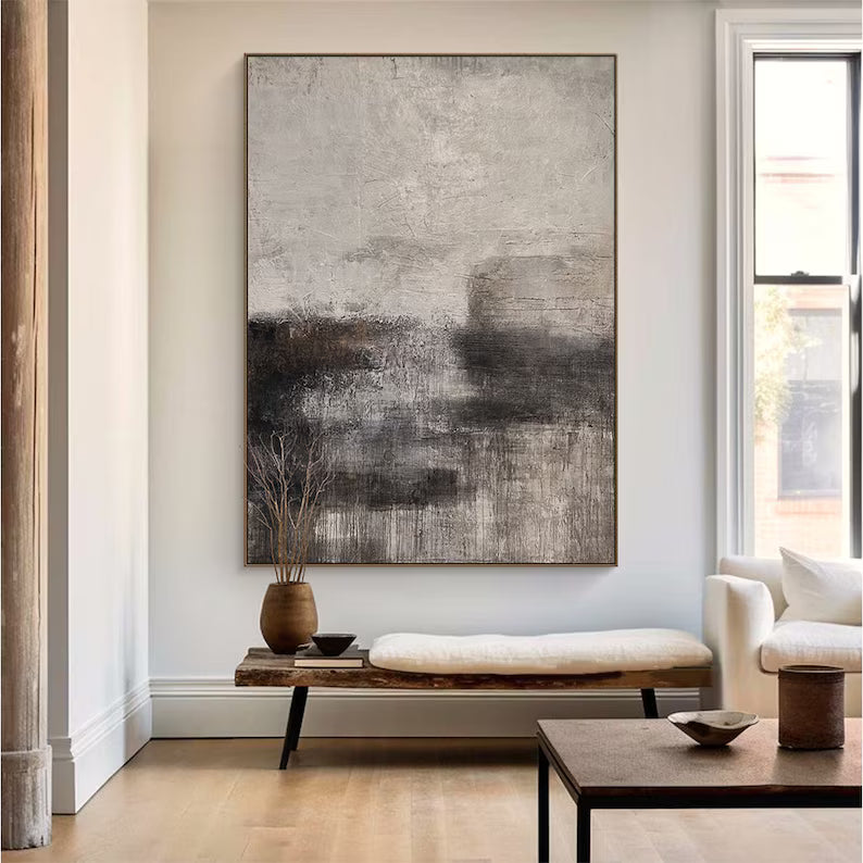 Shadowed Calm – Neutral Textured Abstract Wall Art in Charcoal and Beige#AB14042