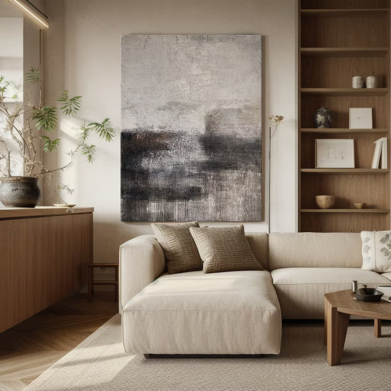 Shadowed Calm – Neutral Textured Abstract Wall Art in Charcoal and Beige#AB14042