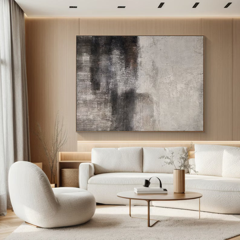 Shadowed Calm – Neutral Textured Abstract Wall Art in Charcoal and Beige#AB14042