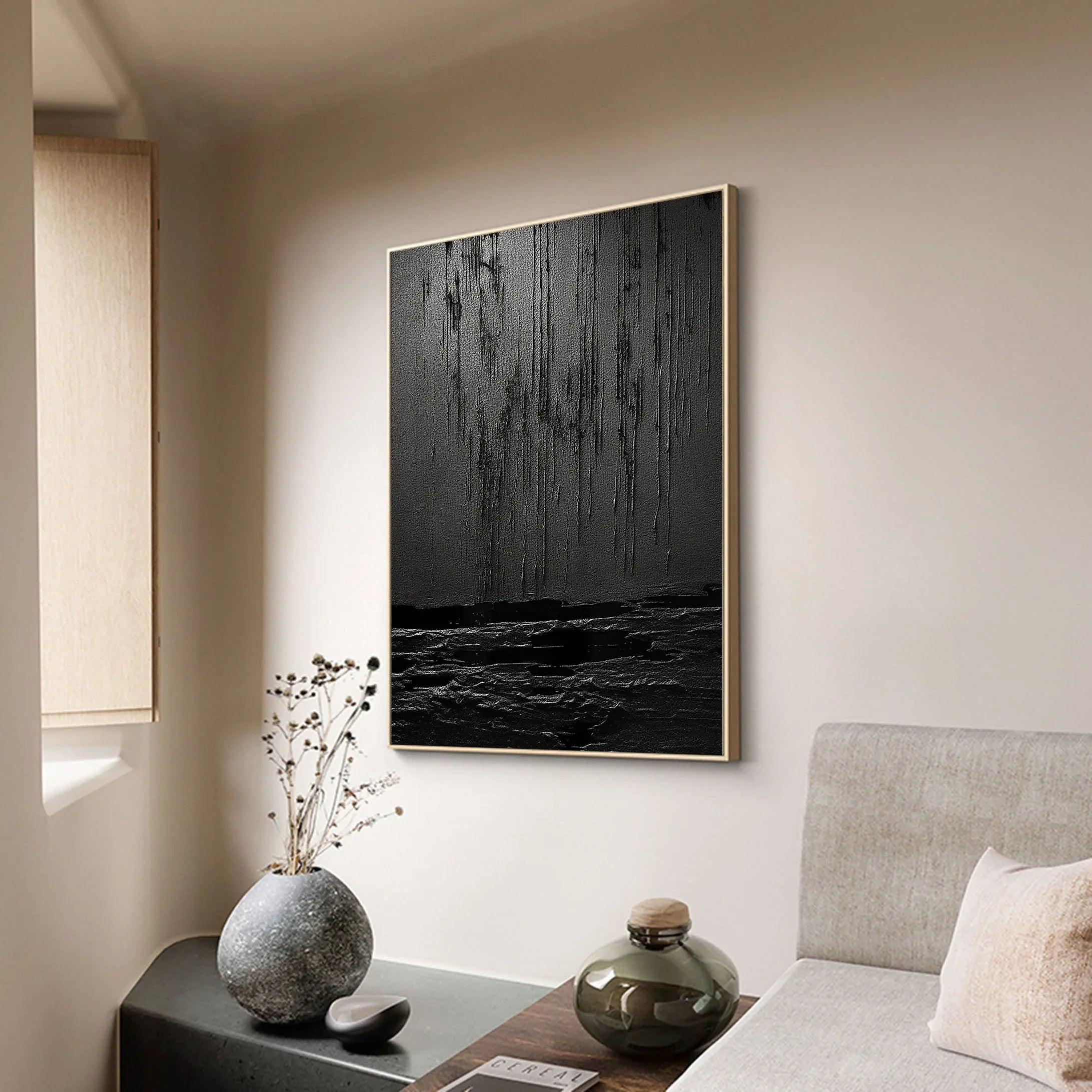 Midnight Echoes-Hand Drawn Pure Black Drip Texture Wall Art - artextured