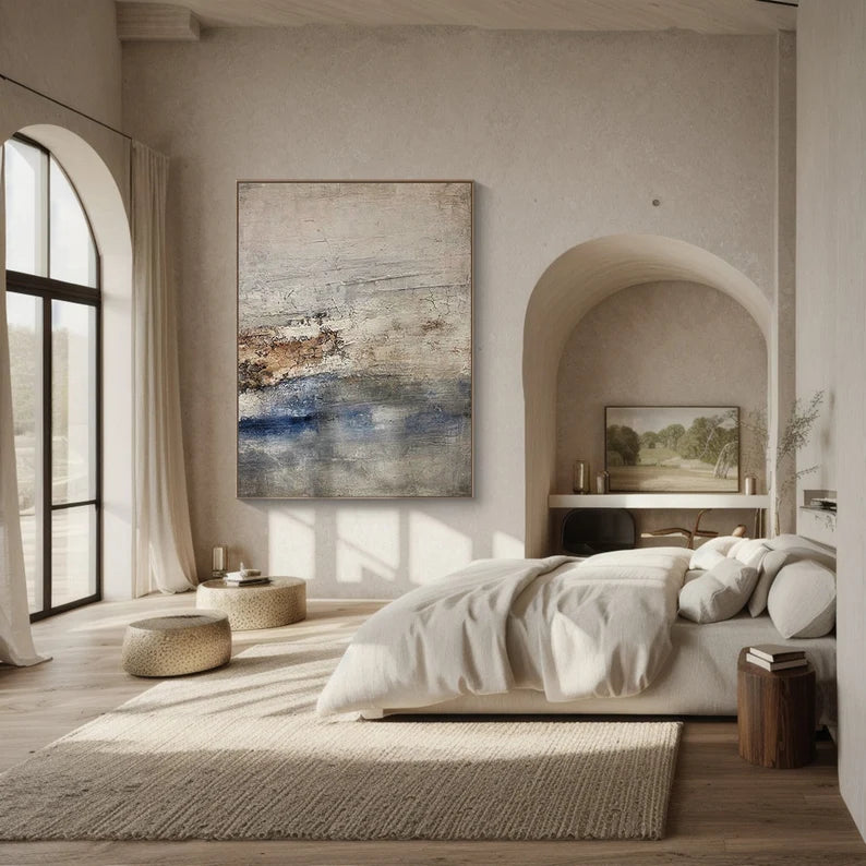 Coastal Silence – Large Textured Abstract Wall Art in Earth Tones and Blue#AB14044