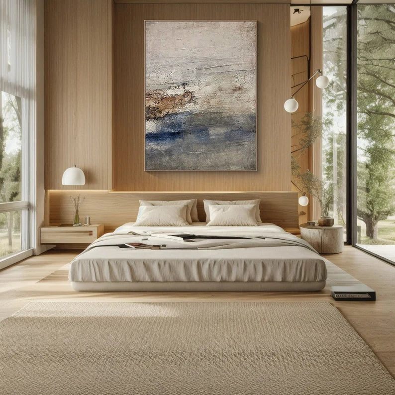 Coastal Silence – Large Textured Abstract Wall Art in Earth Tones and Blue#AB14044