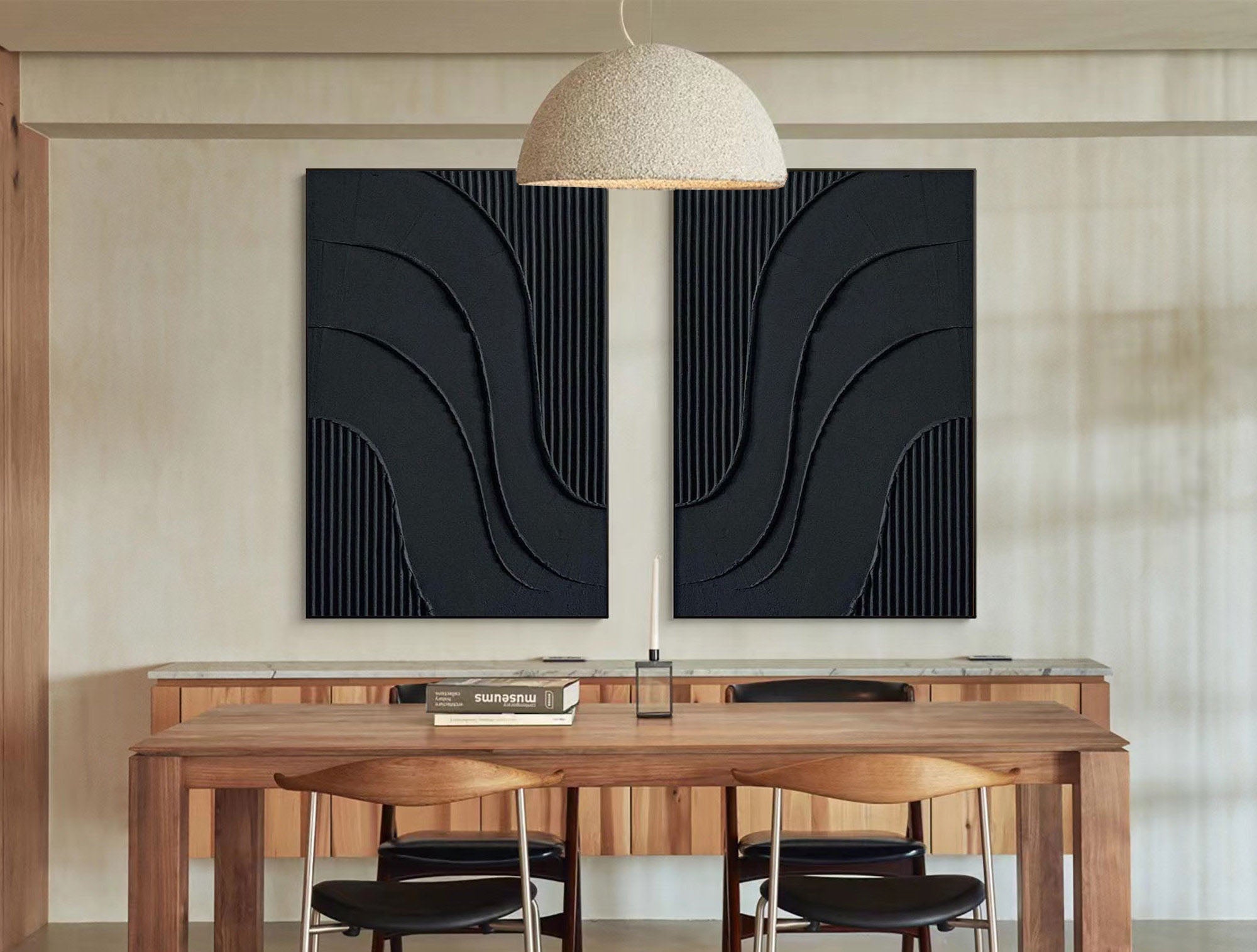 Midnight Flow- Abstract Black Textured Canvas Duo Set of 2