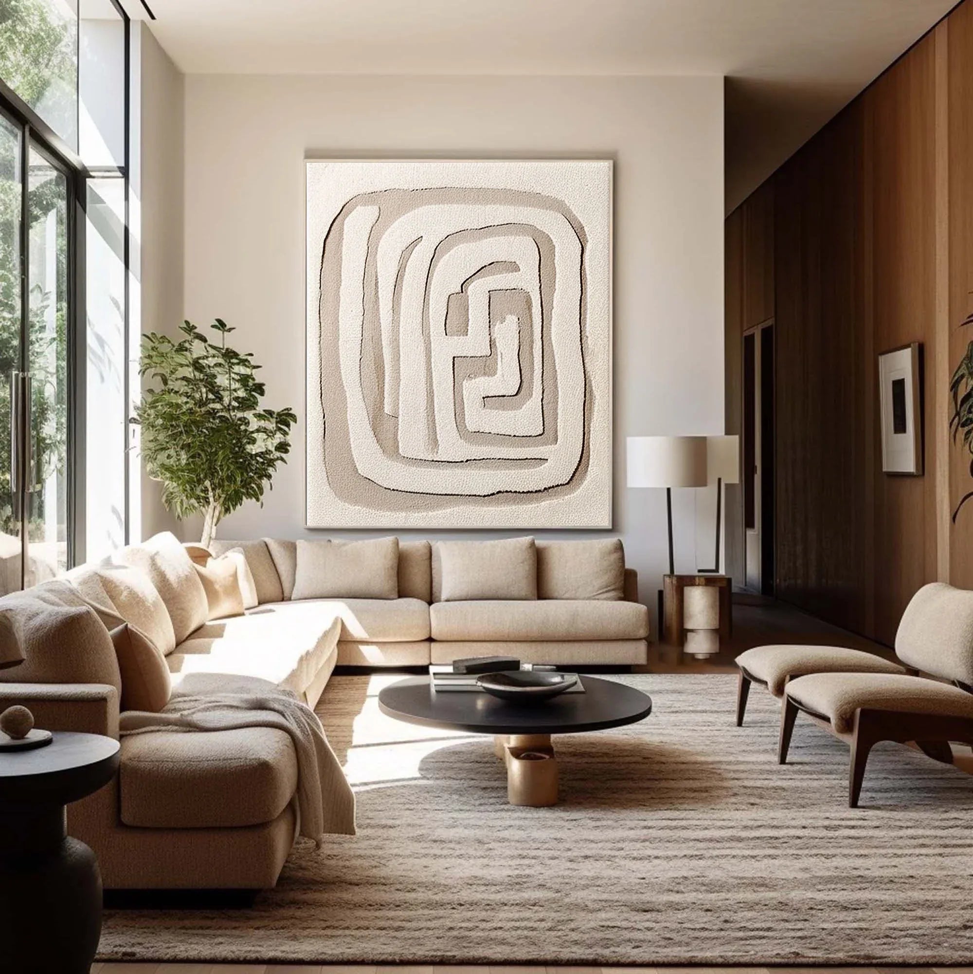 Beige Maze Echo-Modern Minimalist Geometric Maze Abstract Wall Art - artextured