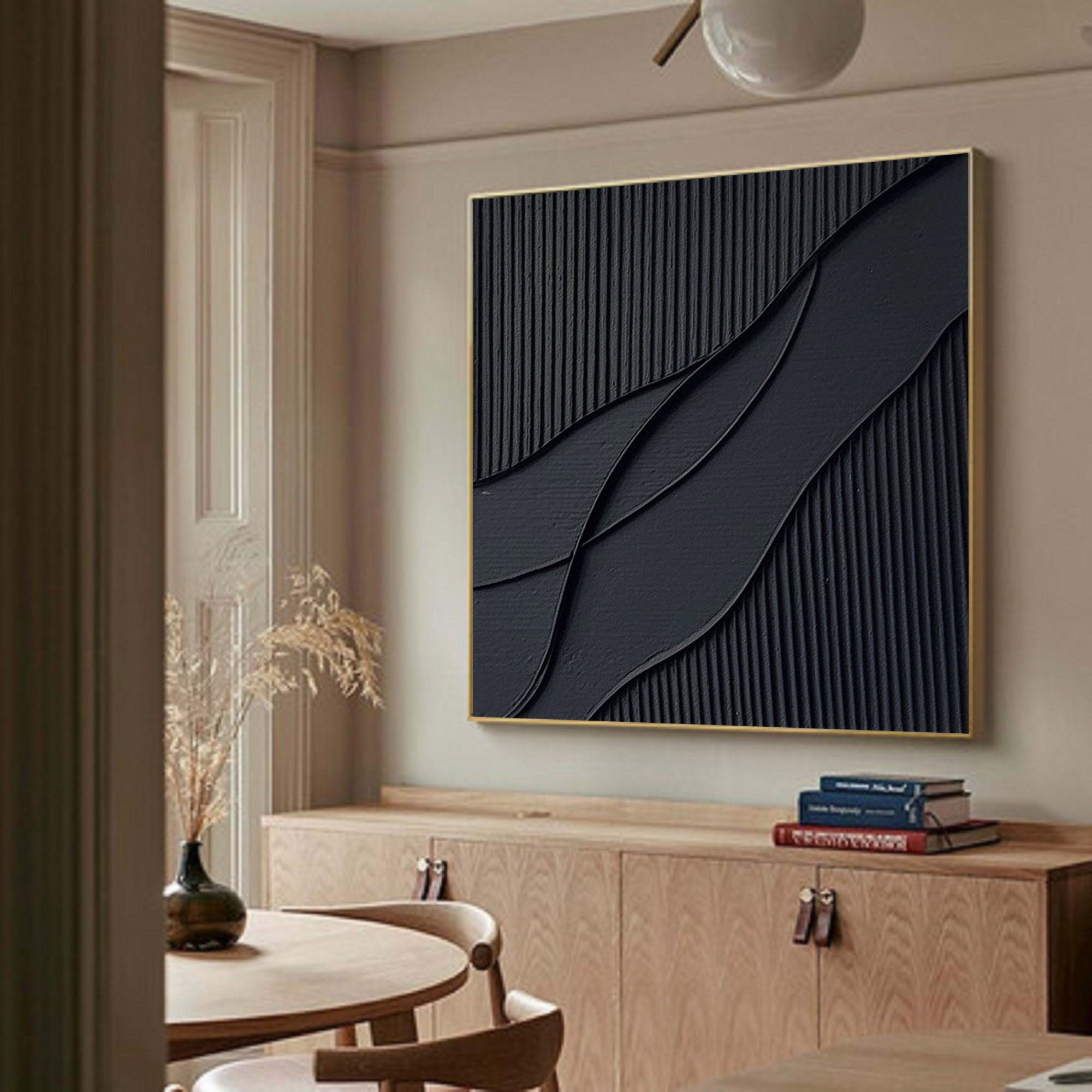 Ripple in Shadow -Black Geometric Curves and Texture Abstract Wall Art