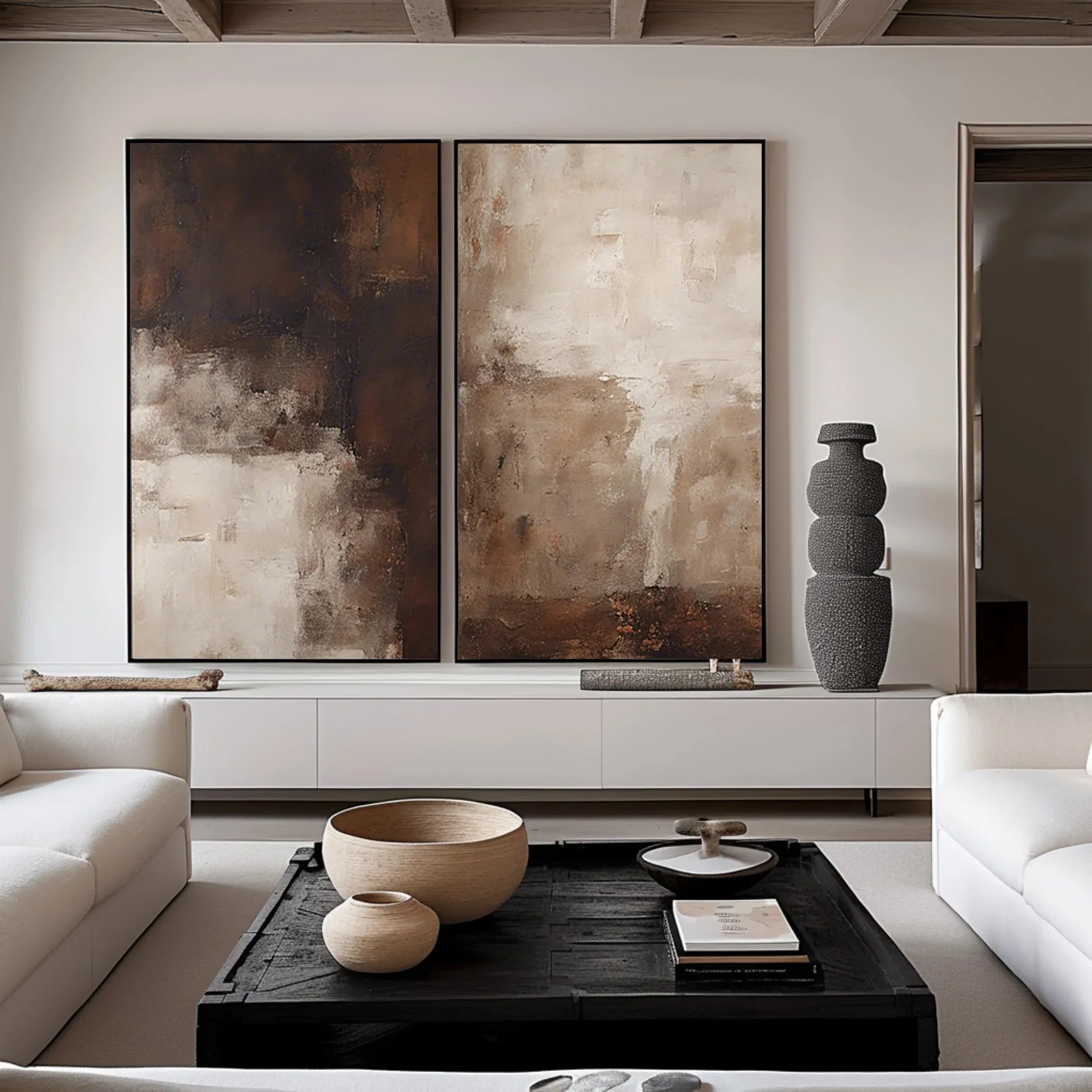 Earthy Elegance Abstract Diptych Set Of 2 - Double-Sided Vertical Banner Abstract Texture Wall Art in Earthy Colors - artextured