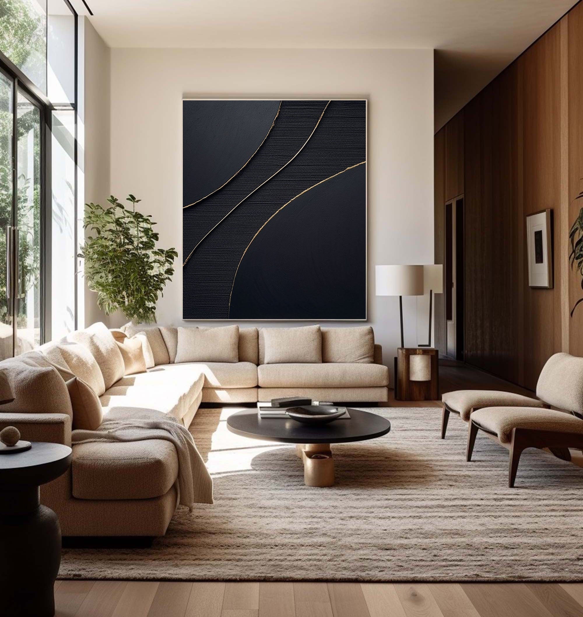 Golden Line Flow-Modern Minimalist Black Gold Geometric Curve Abstract Wall Art