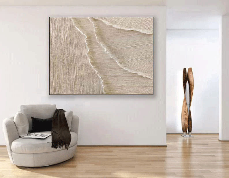 Whispering Sands-Minimalist Oil Painting Wall Art With Flowing Water Wave Texture